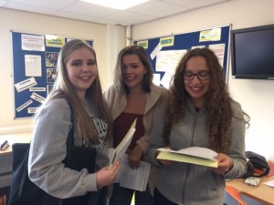 Ella Bashford checks her results with Beth Carter and Megan Farnhill